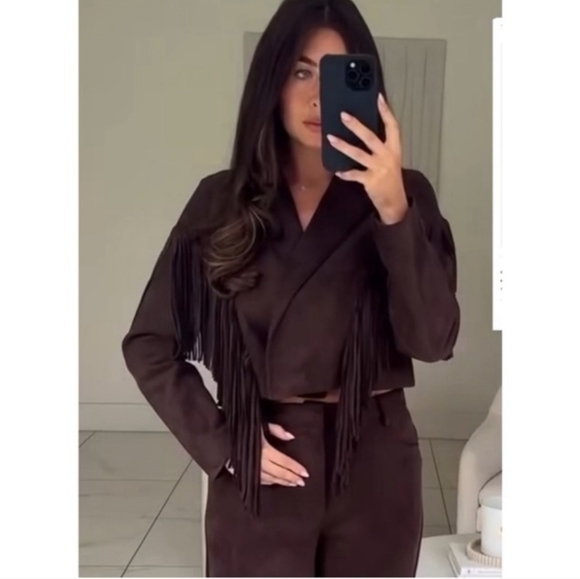 ZARA Fringe Faux Suede Jacket Brown Size Small S NEW - Picture 13 of 16